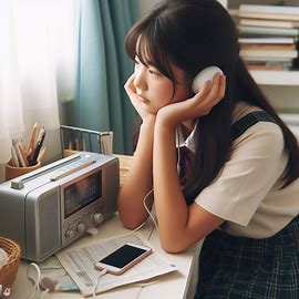 ラジオを聴いている中学生